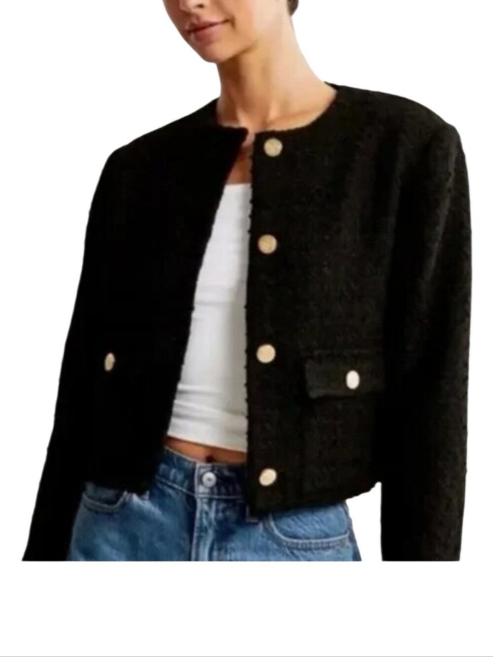 Abercrombie & Fitch Black Collarless Tweed Jacket Gold Buttons Size M
